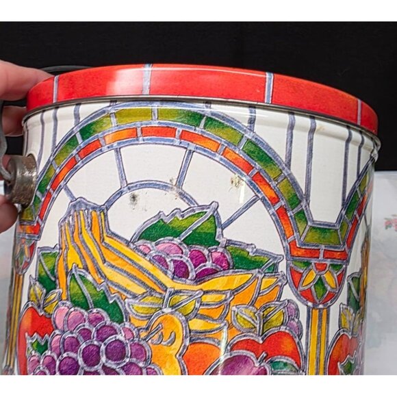 Vintage Tin Container with Fruit and Vegetable Stained Glass Pattern Fall Decor - Picture 10 of 11